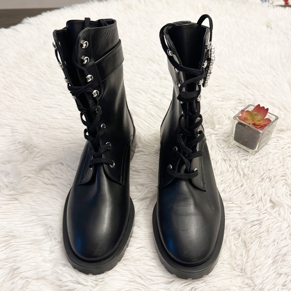 NEW $770 Stuart Weitzman Pearl Ankle Buckle Combat black leather boot women Sz 6 - Picture 5 of 9